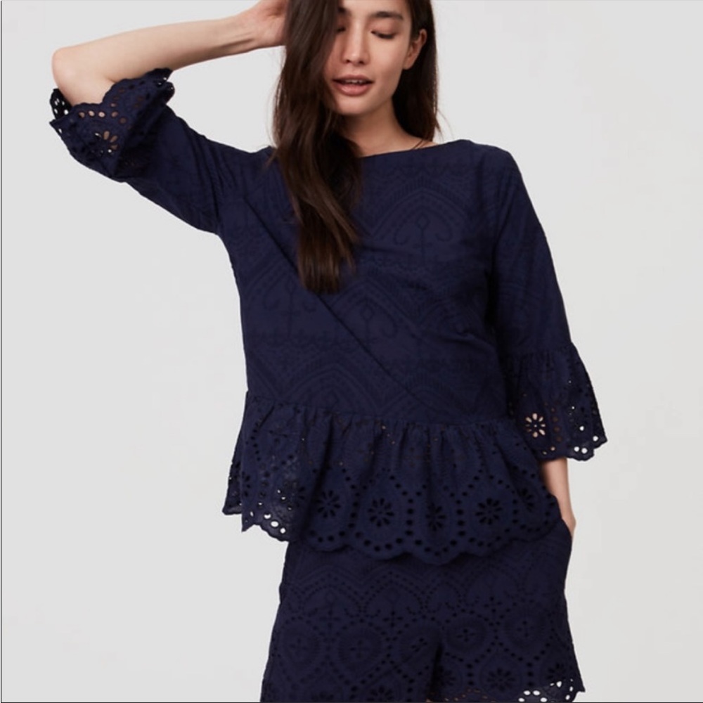 LOFT Navy Eyelet Flare Sleeve Blouse